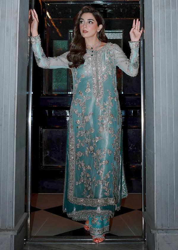 Ferozeah Aqua Organza Long Shirt with Silver Embellished Jal & Bejeweled Azar Trousers
