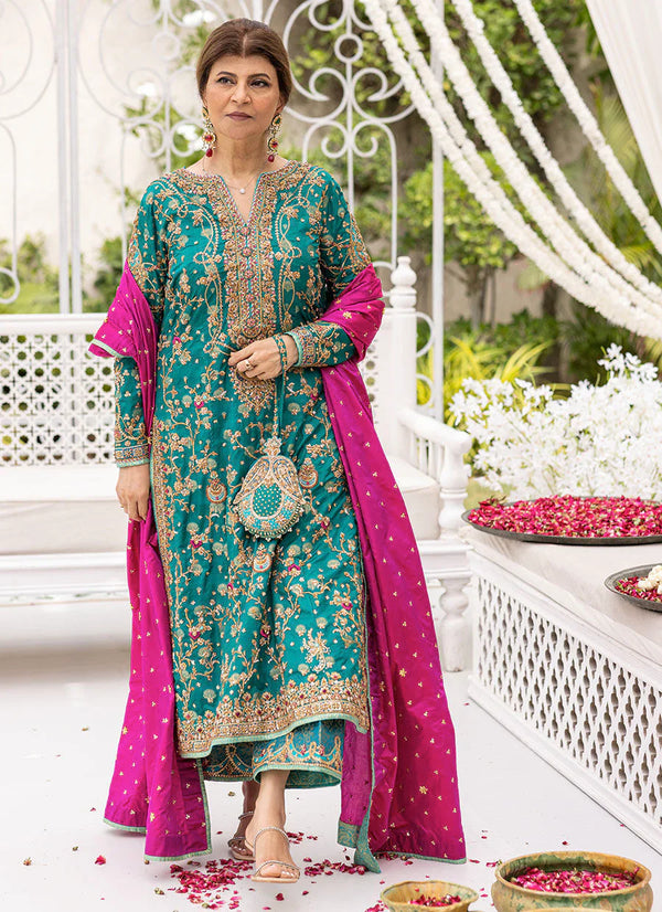 Aqua Blue Hand-Embellished Organza Suit with Raw Silk Trousers