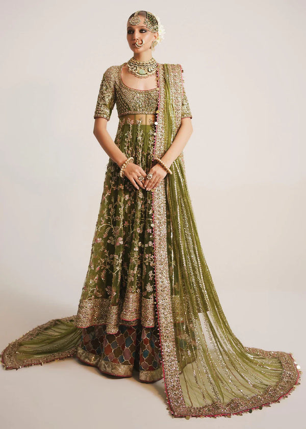 Moong – Earthy Green Net Peshwaz with Silk Sharara & Embellished Dupatta