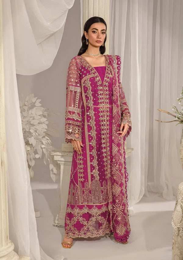 Regalia – Elaf Evara Formal Exhibit ’24 – Hand-Embellished Poly Net 3-Piece Unstitched Suit (Magenta Muse)