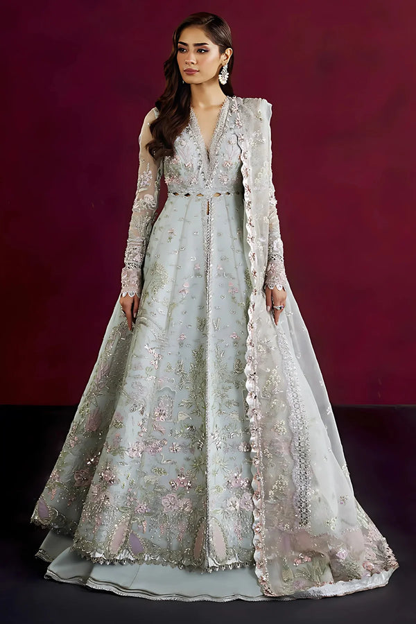 Aqua Blue Embroidered Organza Suit – Unstitched Luxury Ensemble