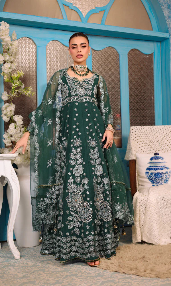 Emerald Veil – Opulent Embroidered Net Unstitched Suit
