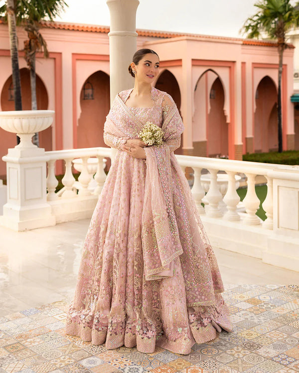 Ruzova – Powder Pink Net Pishwas with Silk Churidar & Embroidered Net Dupatta