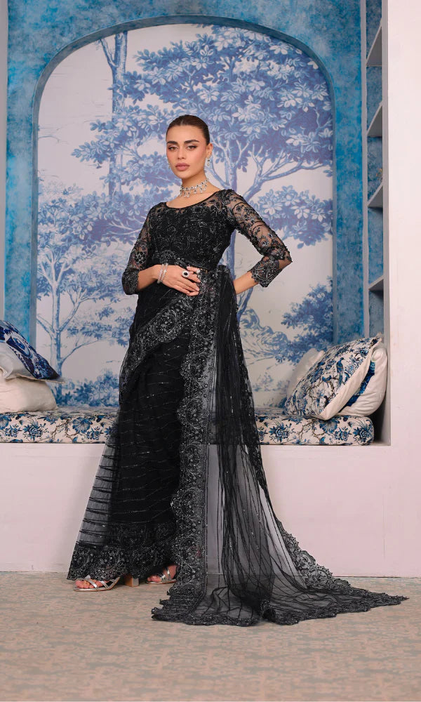 Noir Elan – Intricately Embroidered Net Unstitched Ensemble