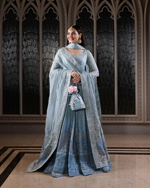 Miyah – Ombré Ice Blue Embroidered Net Pishwas with Silk Churidar & Organza Dupatta