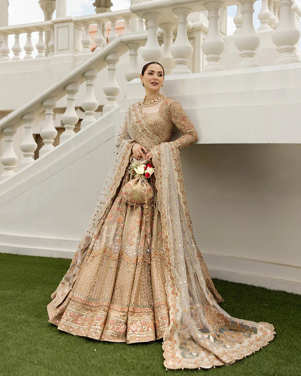 Jemina – Embellished Ivory-Gold Net Lehenga & Choli with Embroidered Dupatta
