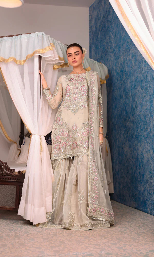 Nude Grace – Delicately Embroidered Chiffon Unstitched Garara Set