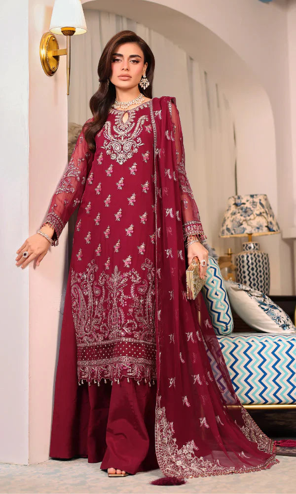 Crimson Dusk – Exquisitely Embroidered Chiffon Unstitched Suit