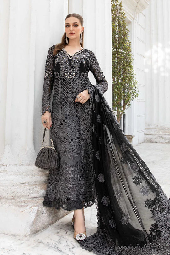 Bahaar Luxury Embroidered Chiffon 3-Piece Suit – Timeless Black Elegance