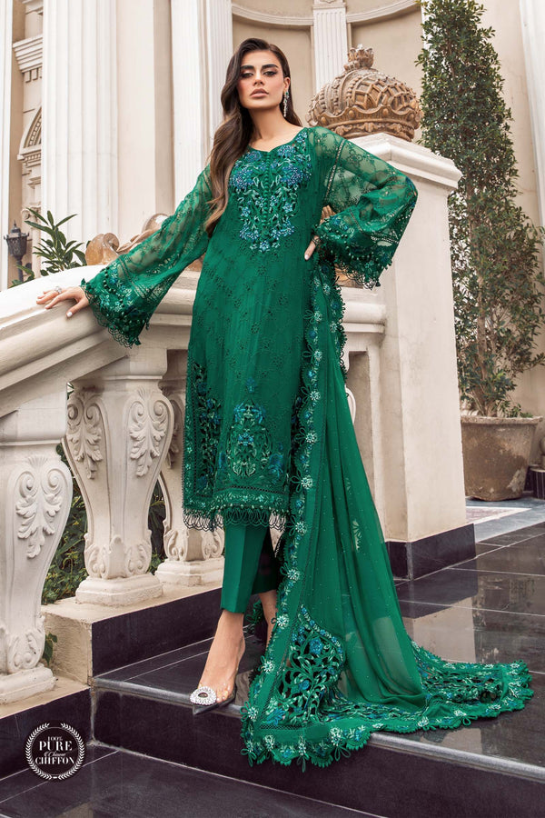 Emerald Green – Maria B Embroidered Pure Chiffon Unstitched Suit (MPC-23-108)
