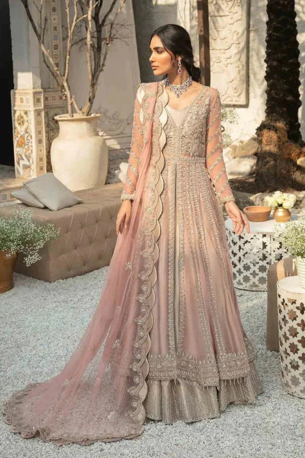 Palatial Rose Gold Hand-Embellished Net Pishwas with Tissue Lehenga & Dupatta