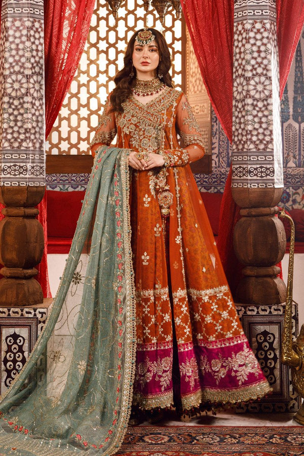 Burnt Orange & Fuchsia Pink Embroidered Net Suit