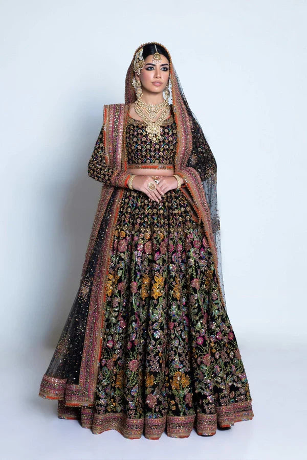 Naushayz – Fahad Hussayn Black Silk Lehenga Choli with Embellished Dupatta