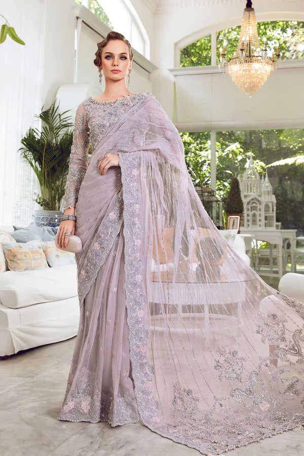 Rozanne – Maria.B Lilac Net Saree Set with Embellished Net Blouse & Tissue Dupatta